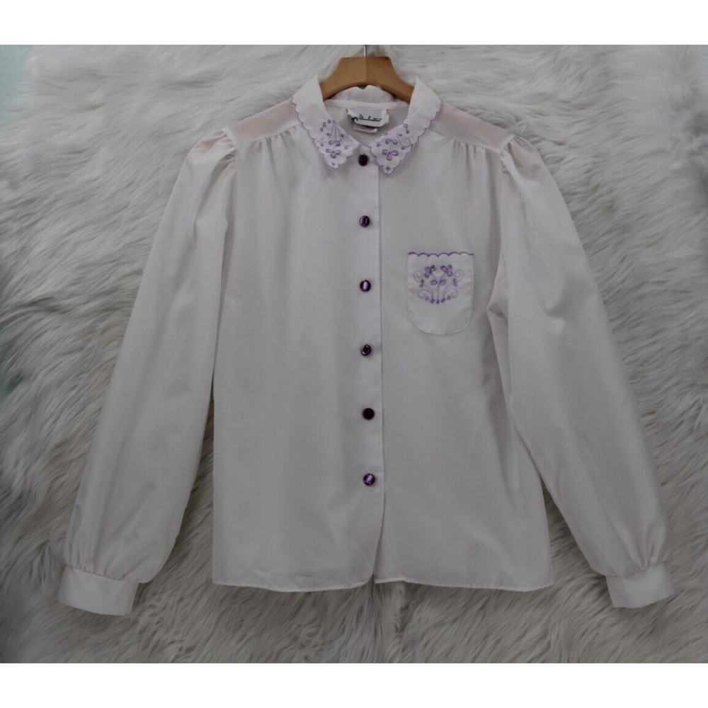 Vintage Lady Manhattan Blouse Women's 10 White Purple Embroidered 80's